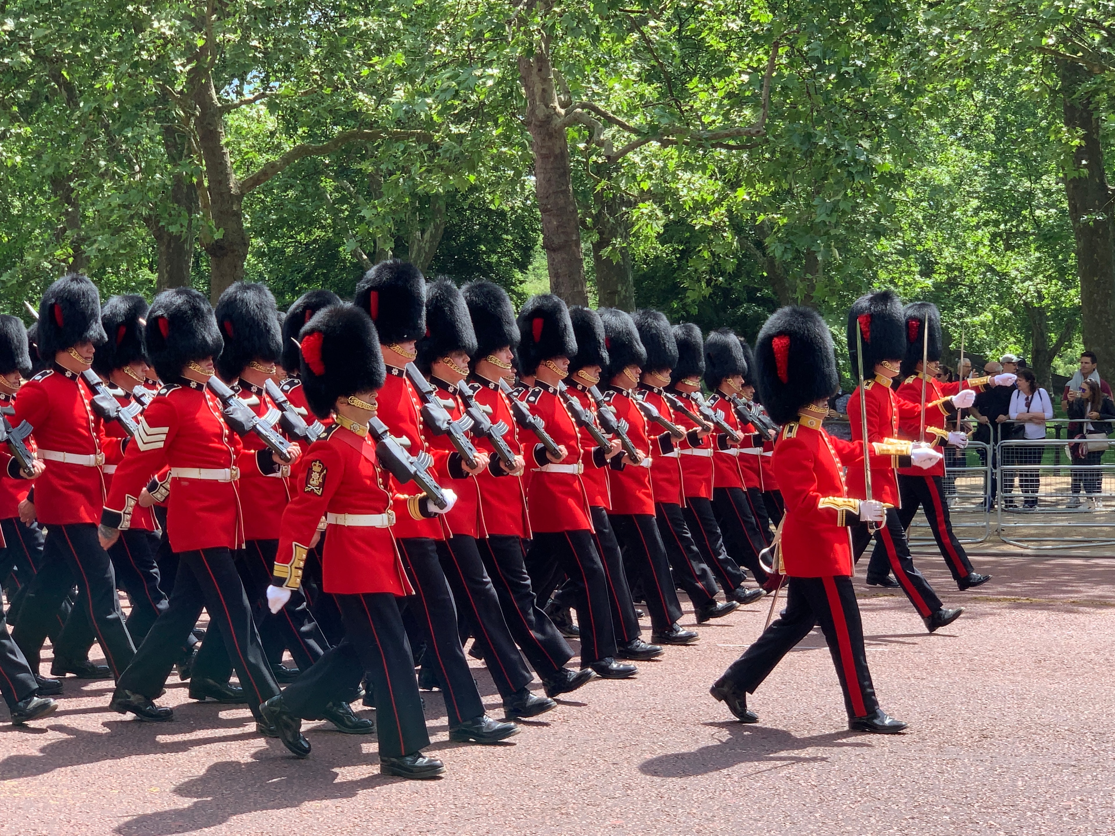 Foot Guards marching in formation along The Mall