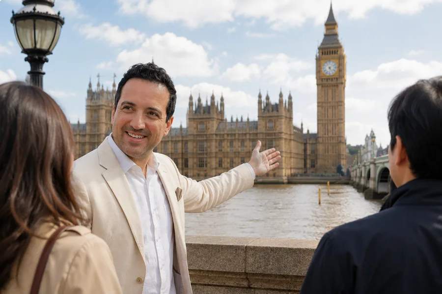 Richard Cerquera, Blue Badge Tourist Guide, with guests at the Houses of Parliament